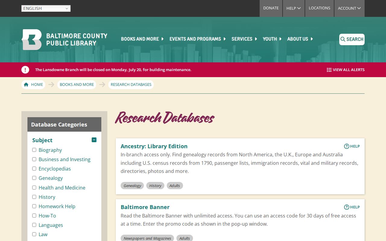 Perry Hall people directories resources on the BCPL database page