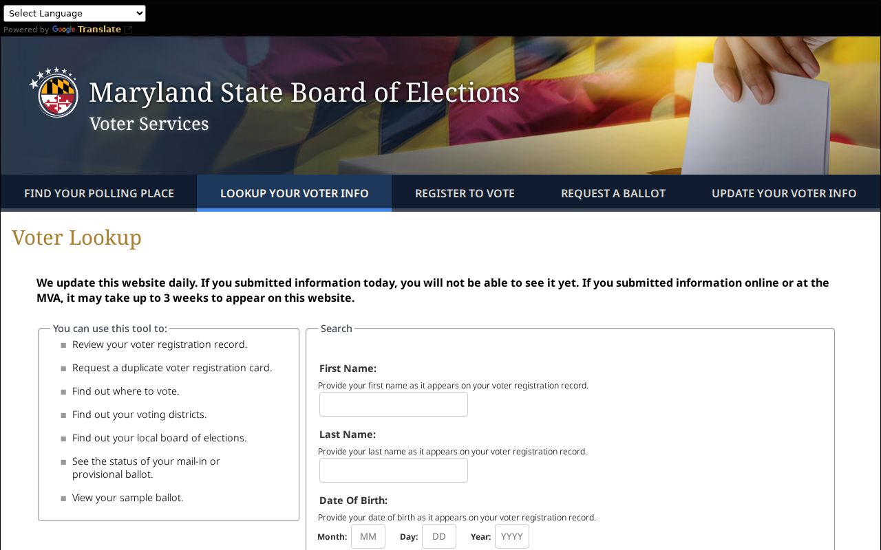 Perry Hall voter registration self-lookup form from Maryland elections