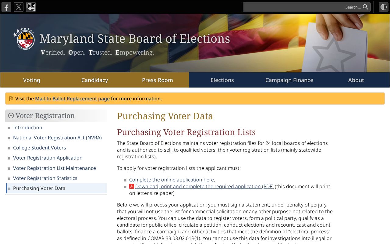 Perry Hall voter registration data rules on the Maryland State Board page